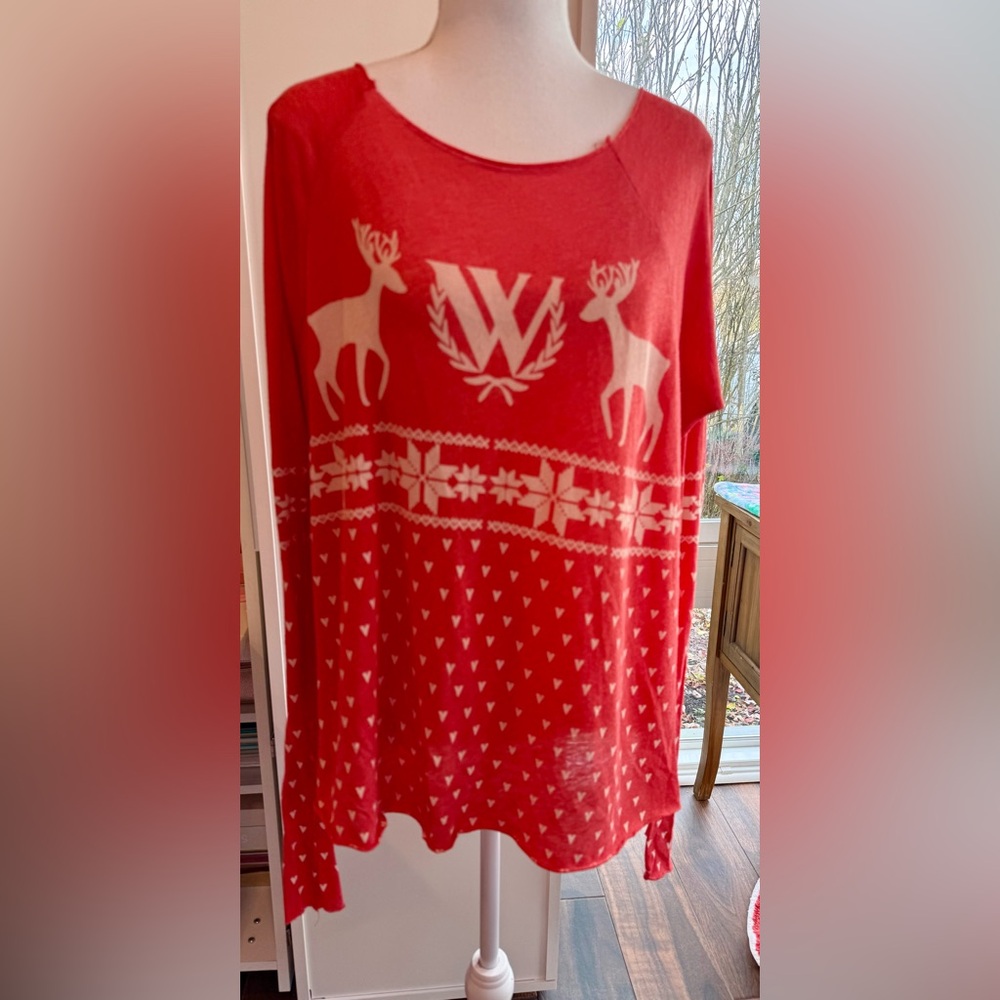 Wildfox Red Holiday Reindeer Graphic Long Sleeve Top Size M